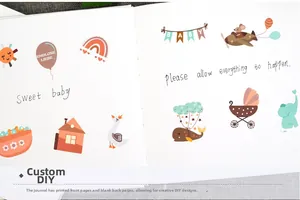 Detail of DIY baby guestbook pages with cute cartoon illustrations and blank back for DIY