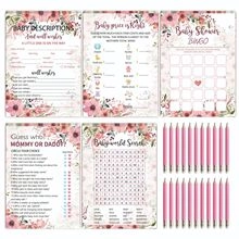 Detailed view of pink floral baby shower game card set with matching wooden pencils