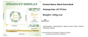 Wedding guest book set with gold pen and floral wreath cover including dimensions