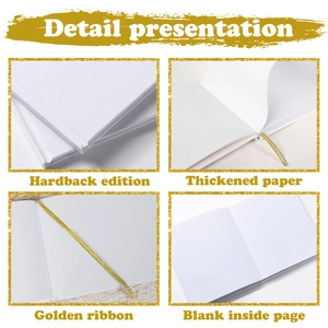 White minimalist hardback wedding guestbook with thick blank pages and golden ribbon