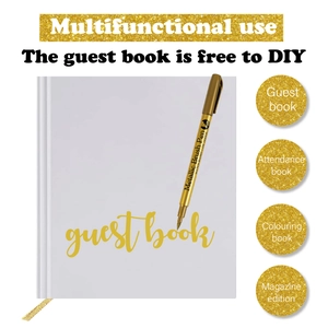 White square guest book with gold lettering and metallic marker pen set for weddings