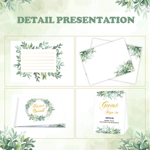 Eucalyptus leaf wedding guest book set with gold foil signs and sign-in cards
