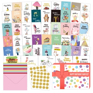 Gold Stamping Birthday Greeting Cards Set With Envelopes And Stickers Cartoon Floral Design Party Supplies Birthday Card Assortment