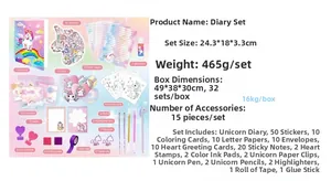 Dimensions et contenu du coffret papeterie licorne avec journal autocollants et stylos