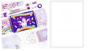 Détail d'un kit de papeterie licorne comprenant 15 pièces dont stickers et rubans