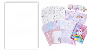 Détails du coffret papeterie licorne comprenant carnet, enveloppes et autocollants