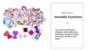 Kit de journal DIY licorne avec autocollants, tampons, encreurs et ruban pailleté