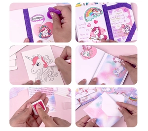 Détails du kit journal licorne DIY avec tampons, feutres et autocollants colorés