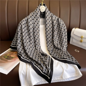 Elegant 90cm black and white floral silk scarf shawl with repeating Z-pattern print