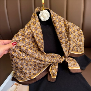 Elegant Floral Print Square Scarf Polyester Twill Satin Satin Feel Large Shawl Headwrap For Women French Style