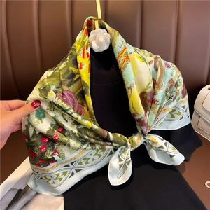 Artistic oil painting silk scarf 90cm square wrap with floral pattern and camellia pin