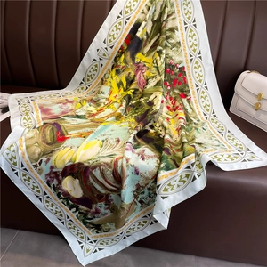 Artistic oil painting style 90cm square silk scarf displayed on a leather sofa