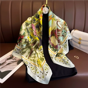 Artistic Large Square Scarf Women Oil Painting Floral Print Twill Polyester Satin Feeling Shawl Wrap Fashion Accessory