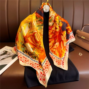 Artistic oil painting silk scarf with vibrant orange floral patterns and geometric borders