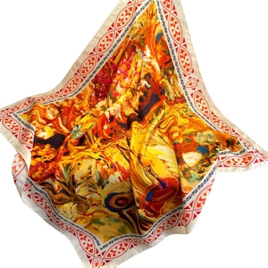 Artistic oil painting silk square scarf with warm floral patterns and geometric borders