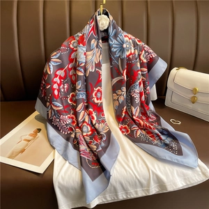 Carré de soie à motif floral rouge et bleu, grand foulard élégant de 90 cm pour femme