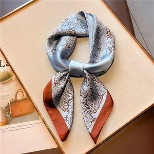 Light blue silk square scarf with vintage paisley print and contrast border trim