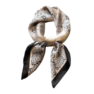 Elegant champagne and black paisley silk square scarf with vintage totem pattern