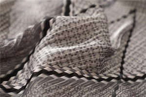 Détail des plis en accordéon sur un foulard en soie au motif géométrique damier