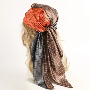 Three-color geometric maze pattern satin headscarf for women in orange and brown