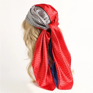 Ethnic style geometric satin silk scarf with red, grey, and blue color-blocking pattern