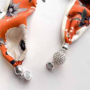 Orange floral silk scarf necklace with magnetic clasp and crystal ball decoration