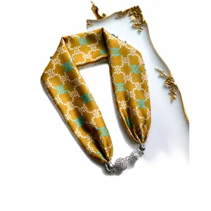 French retro yellow silk scarf necklace with crystal pavé metal balls and chain pattern