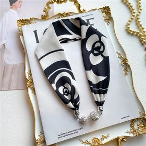 Elegant black and white camellia silk scarf necklace with sparkling rhinestone magnetic beads