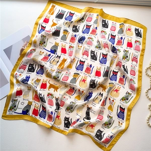 Elegant 70cm yellow square silk scarf featuring artistic hand-drawn cat illustrations