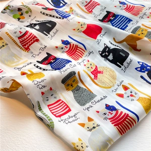 70cm white satin square scarf featuring colorful cartoon cat illustrations and species names