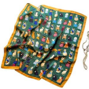 70cm dark green square silk scarf featuring colorful hand-drawn cat illustrations