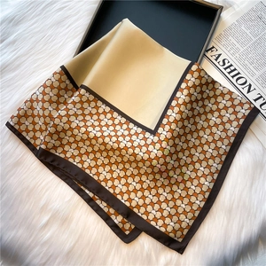 Elegant geometric print square silk scarf with brown and gold color blocking