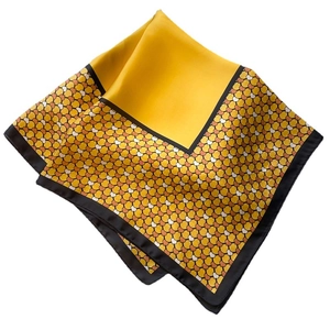 Elegant silk-like square scarf featuring yellow center and black heart pattern border