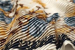 Macro shot of pleated diamond scarf with elegant cream and navy abstract prints