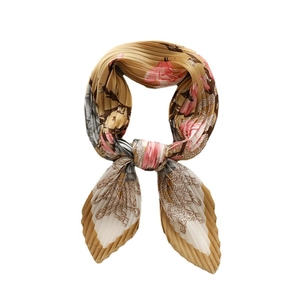 Pleated floral silk scarf in beige and brown with refined accordion folds design