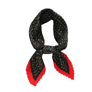Pleated silk scarf featuring multi-colored H letter prints with red wavy edges