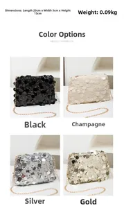 Tableau des tailles et couleurs pour sac à paillettes en noir, argent, doré, champagne