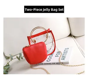 Detail of transparent PVC daisy bag with gold chain strap and red inner pouch