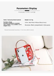 Size chart showing clear daisy chain tote bag dimensions with red inner pouch and handle