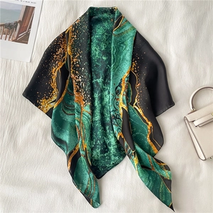 Detailed emerald marble print silk scarf with golden lines and artistic pattern