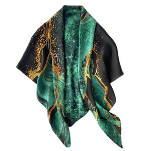 Elegant emerald green and black silk-like square scarf with gold marble pattern details