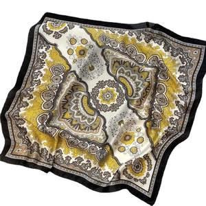 Elegant paisley square silk scarf in yellow and black with retro mandala pattern