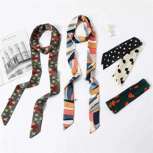 Satin skinny scarves with floral and geometric prints for hair ties or neck decoration
