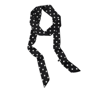 Narrow black polka dot scarf for women used as a hair tie or elegant neck ribbon