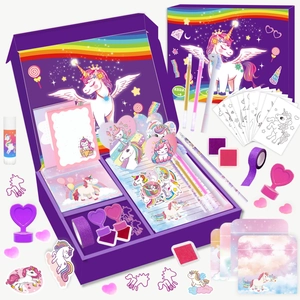 Coffret de Papeterie Journal DIY Thème Licorne pour Filles Violet Kit Scrapbooking Onirique Avec Carnet Autocollants Stylos Tampons Boîte Cadeau