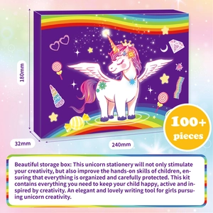 Coffret cadeau de papeterie licorne DIY pour filles avec plus de 100 pièces et boîte mauve