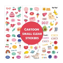 Detail of 6 waterproof vinyl sticker sheets with colorful icons and daily phrases