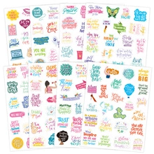 Detail view of 8 colorful vinyl sticker sheets with flowers and quotes for scrapbooking