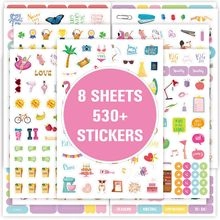 Set of 530 colorful cartoon planner stickers featuring 8 sheets of lifestyle icons