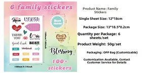 Detailed view of family scrapbook stickers showing size specs and 100+ assorted patterns